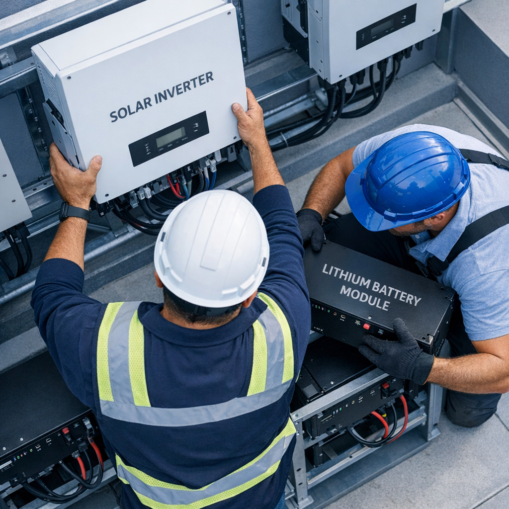 Independent Solar | Switching Commercial Solar Companies: How to Choose & Transition Close-up photorealistic shot of two licensed installers swapping inverters and battery modules on a commercial rooftop, ov...