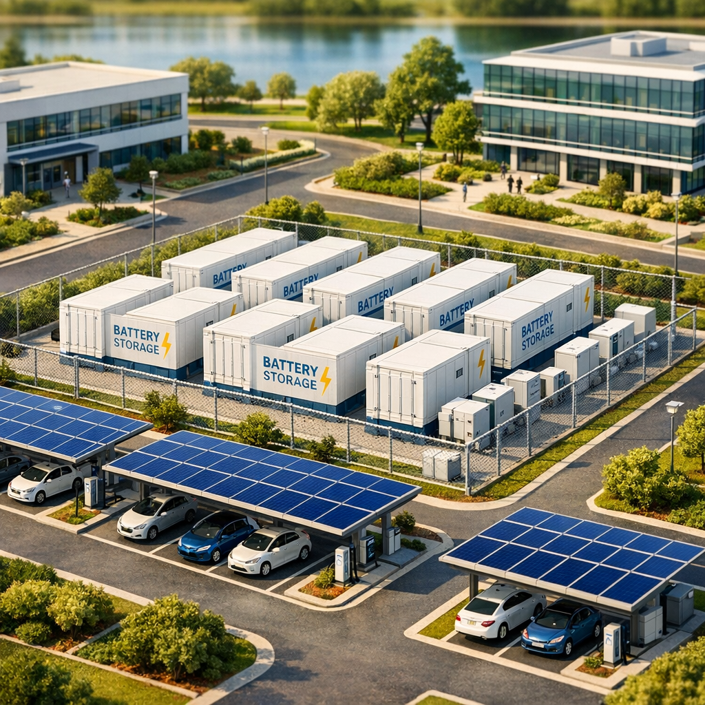 Wide-angle photorealistic scene of a scale-model commercial campus with modular battery containers and solar carports, iso...