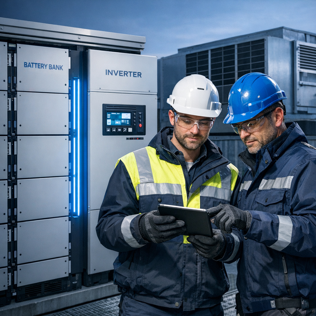 Close-up photorealistic shot of a commercial battery bank and inverter installed beside a rooftop HVAC unit, technicians i...