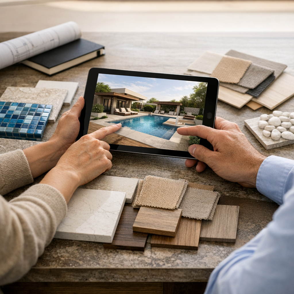 Mid-article photorealistic shot of a design meeting between a homeowner and a pool designer reviewing 3D renderings on a t...