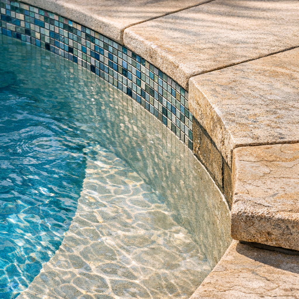 Photorealistic close-up of premium pool finishes: glass tile accents, polished plaster, and custom stone coping beside an ...