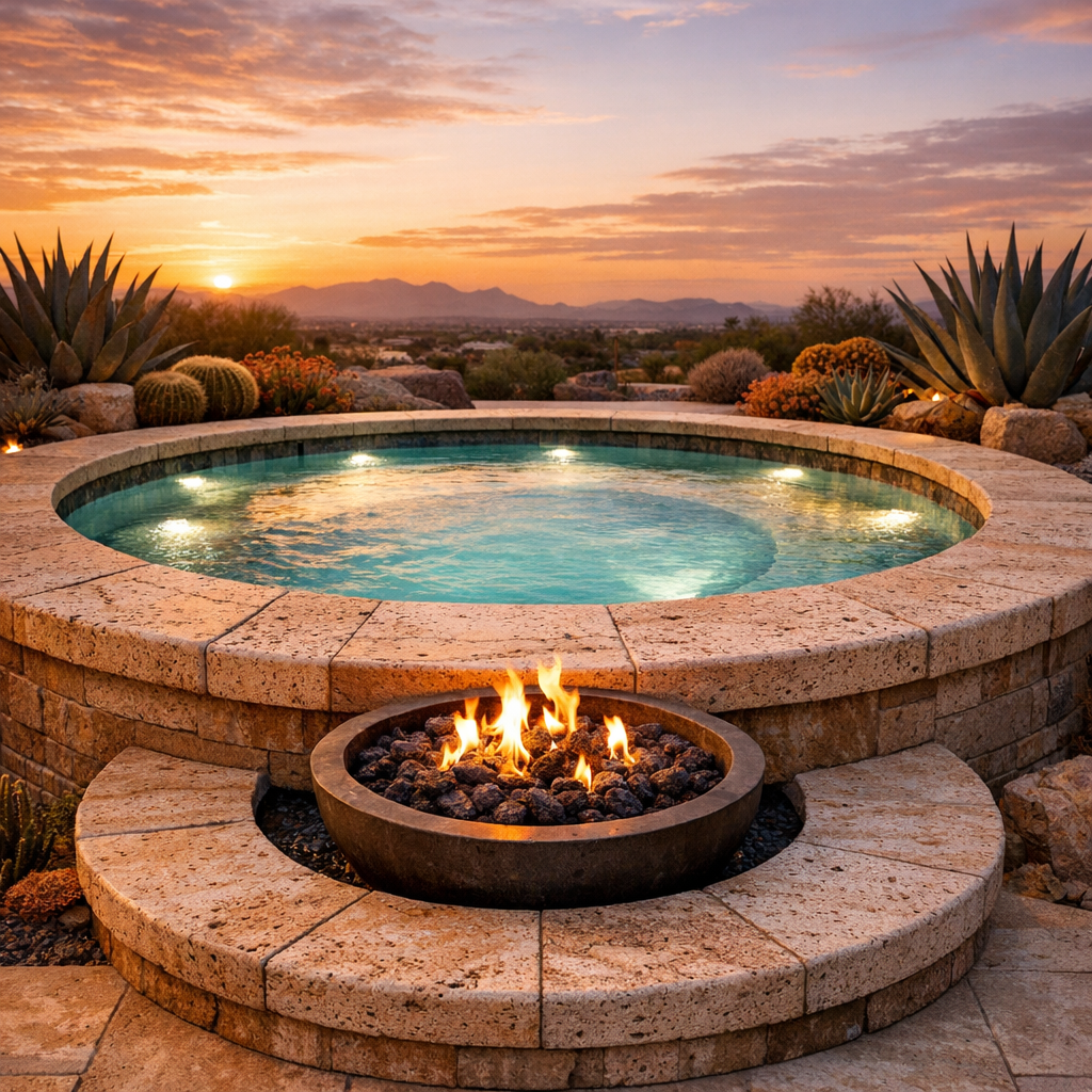 A close-up photorealistic scene of a circular raised spool with textured travertine coping, a recessed gas fire bowl at th...