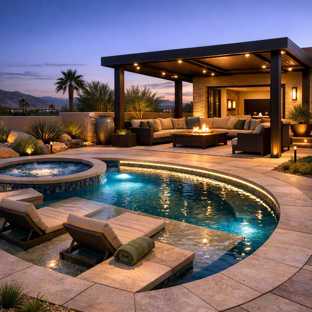 Photorealistic mid-shot of a custom spool and pool with integrated tanning ledge, ambient LED lighting, and a modern pergo...