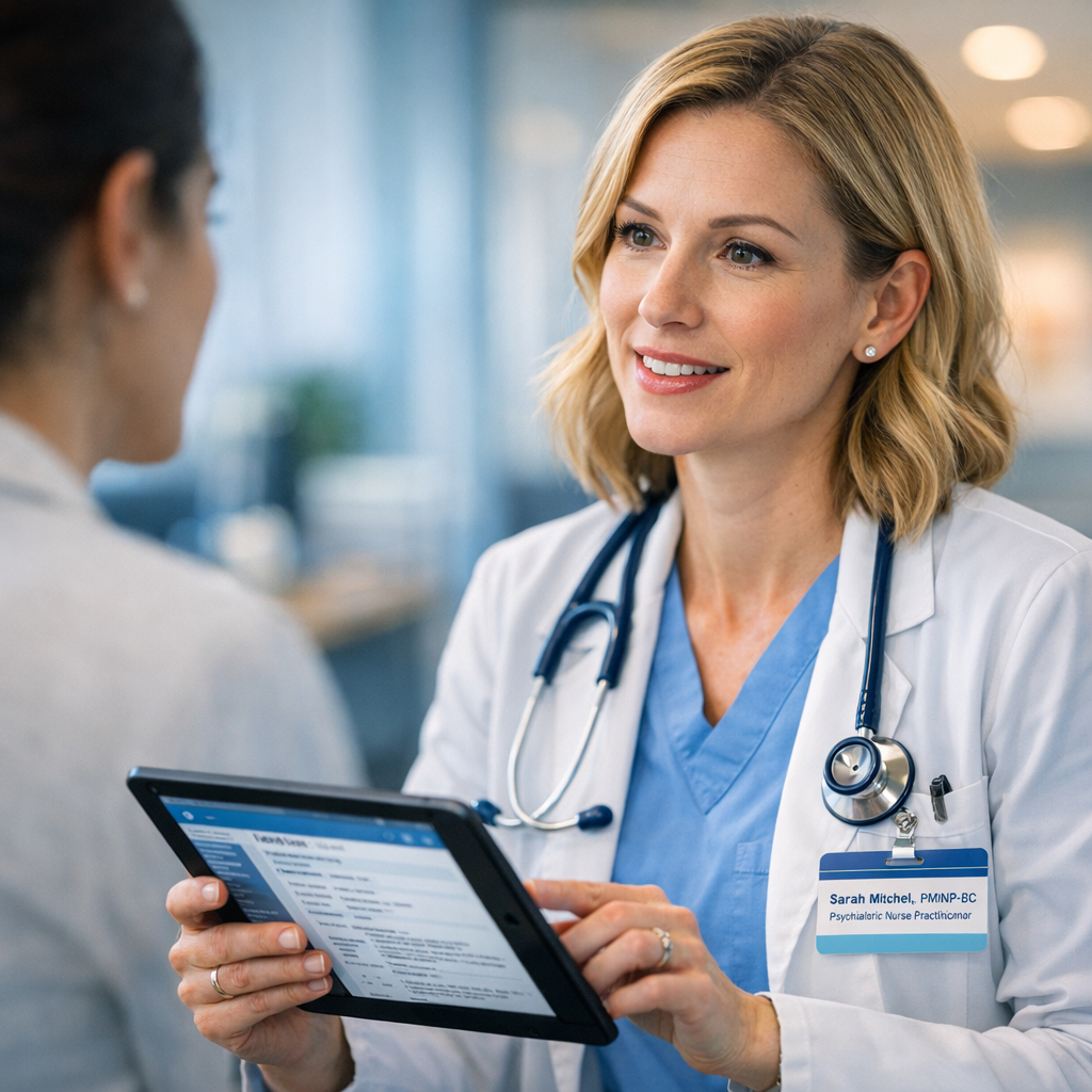 Photorealistic close-up of a psychiatric nurse practitioner in a clinic setting, reviewing an electronic health record on ...