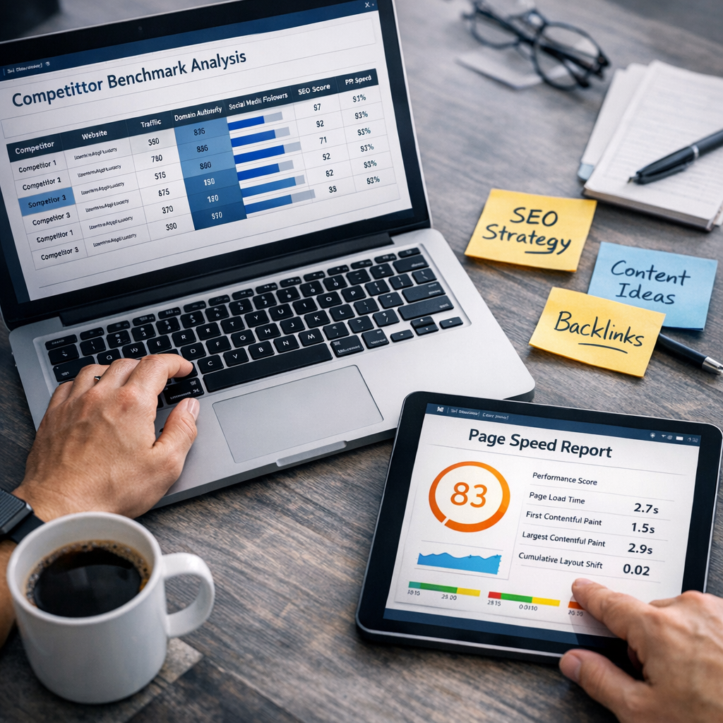 Close-up, photorealistic image of a hands-on workspace showing a laptop with a competitor benchmarking spreadsheet, sticky...