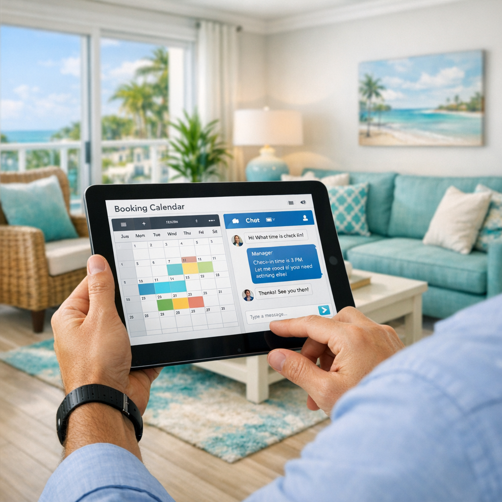 Close-up photorealistic shot of a property manager using a tablet in a bright, modern living room of a Delray Beach vacati...