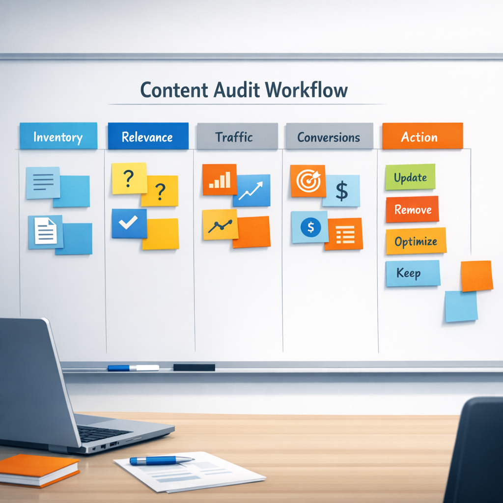 An in-content photorealistic illustration of a content audit workflow board, showing columns for Inventory, Relevance, Tra...