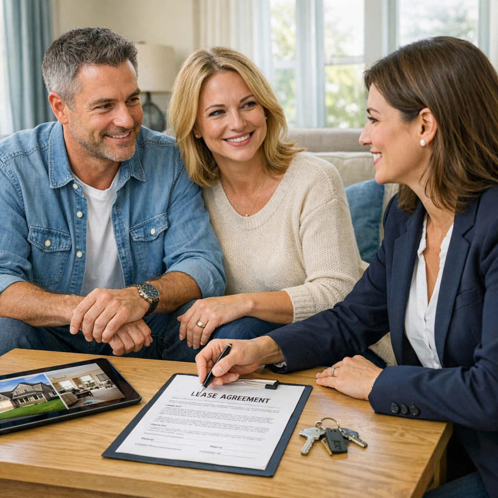 Photorealistic mid-page scene showing a property manager meeting with a homeowner and a prospective tenant in a bright liv...