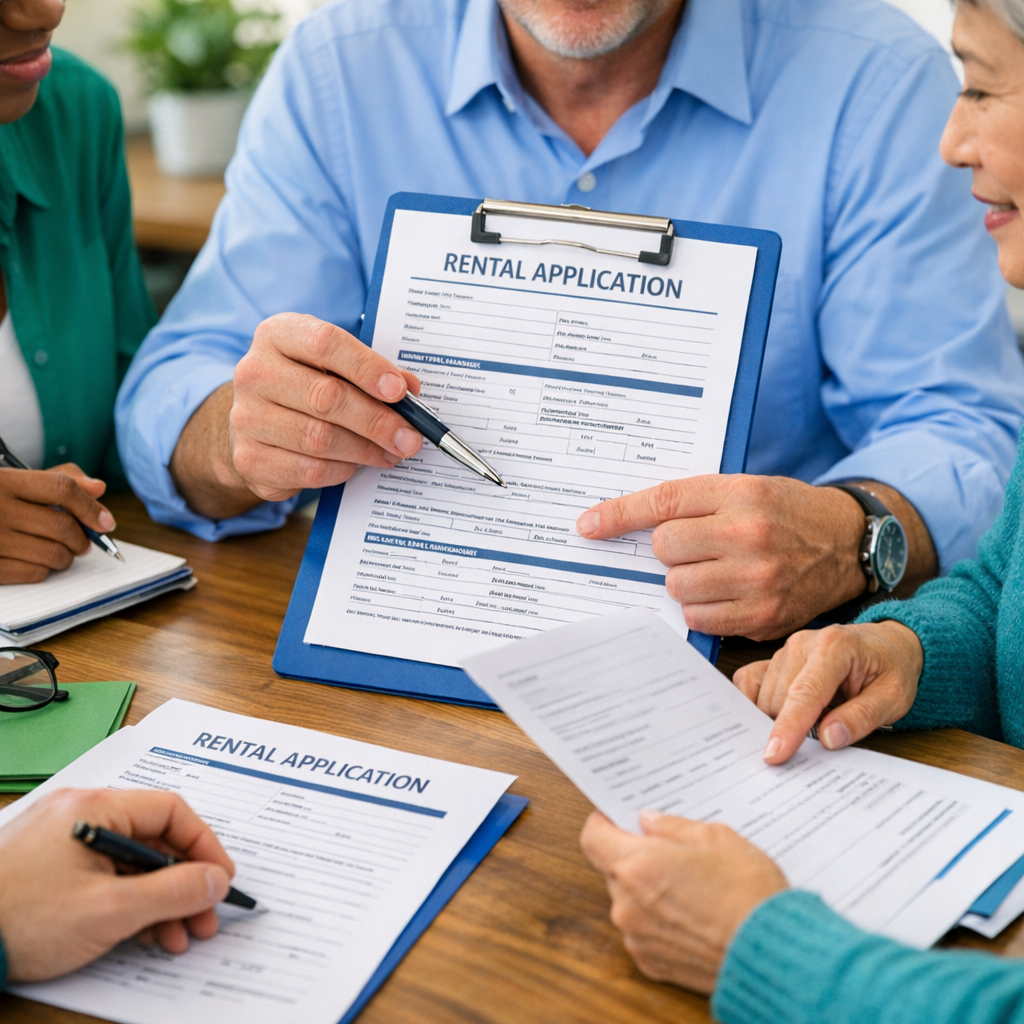 Mid-page photorealistic image showing a property manager reviewing rental applications with a small team in a bright moder...