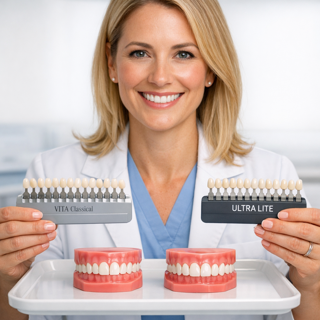 Photorealistic mid-shot of a female cosmetic dentist (American) holding two shade guides and a set of dental veneers and L...