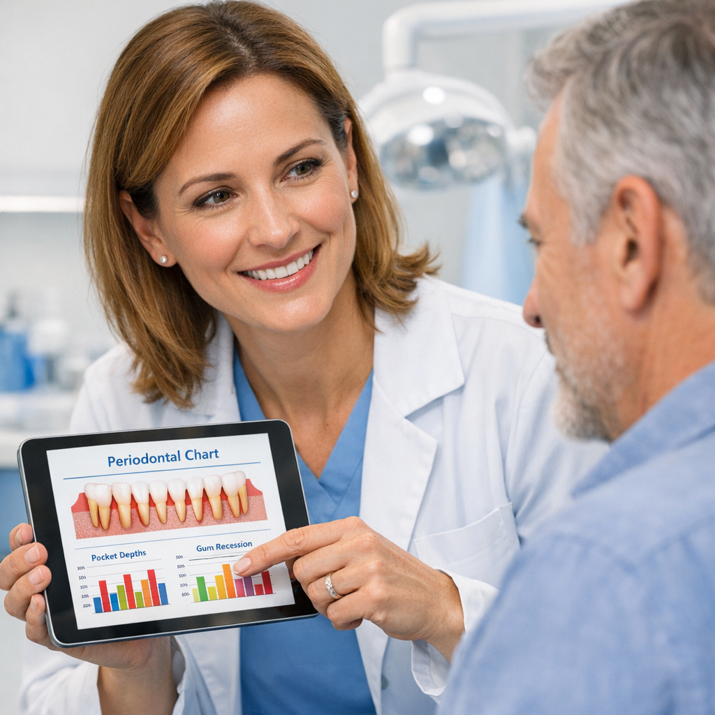 Mid-shot, photorealistic photo of a female dentist (American, late 30s) consulting with a middle-aged patient in a bright ...
