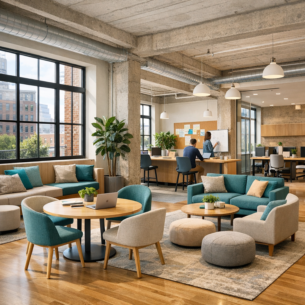 Mid-rise creative office interior with collaborative work zones, natural light pouring through large windows, modern furni...