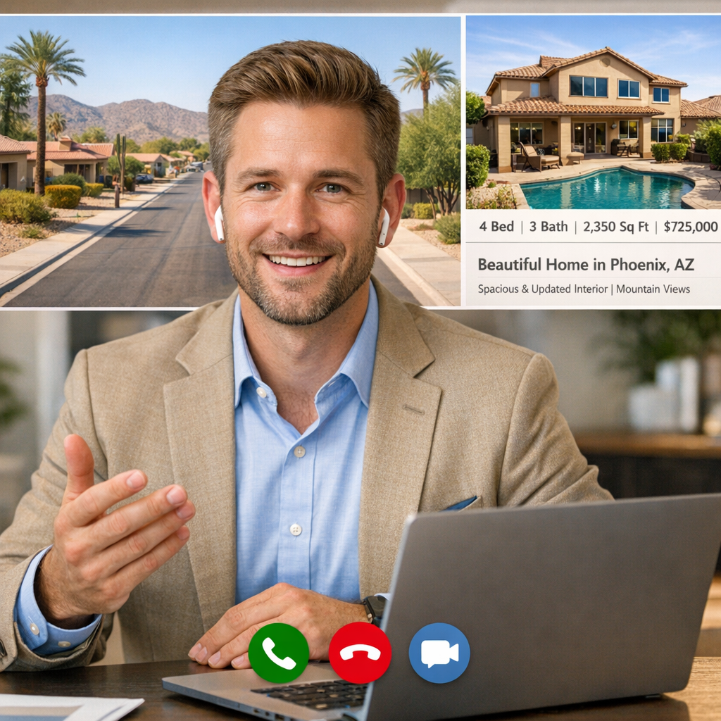 Photorealistic mid-shot of a real estate agent on a video call with buyers, split-screen showing a Phoenix suburban street...