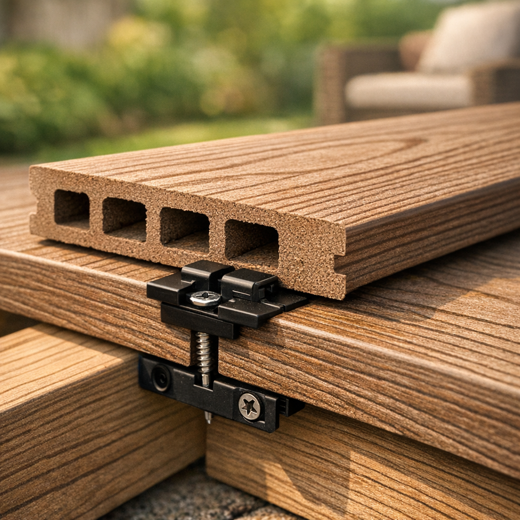 Close-up photorealistic shot of composite decking boards and hidden fasteners, stylistic focus on texture and grain, frien...