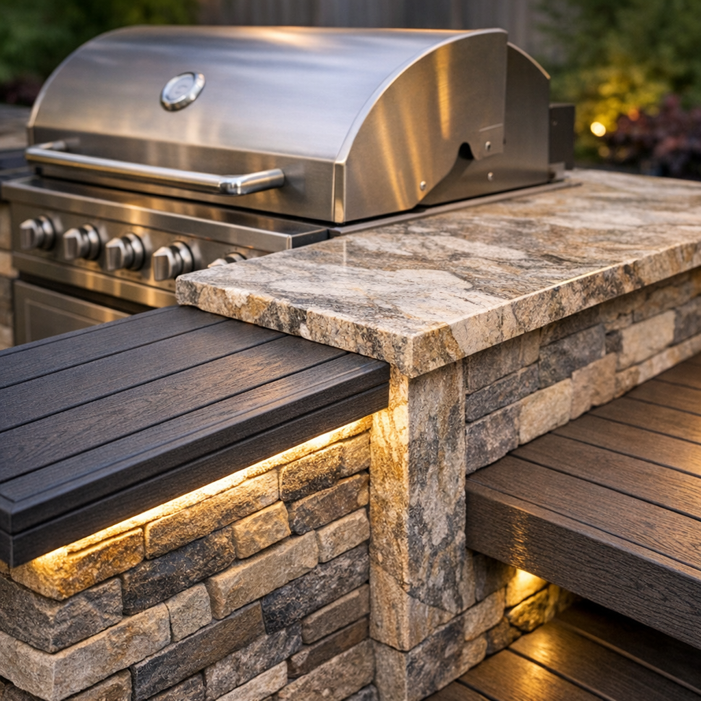 Photorealistic close-up of a modern outdoor kitchen island with Trex-style composite decking edge, stainless steel grill, ...