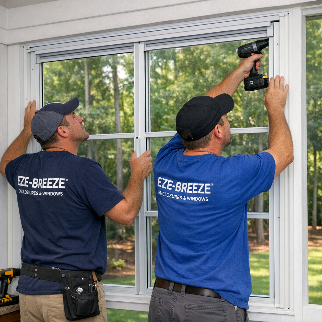 Photorealistic mid-page photo of installers fitting a vertical 4-track Eze-Breeze system into an existing porch opening; c...