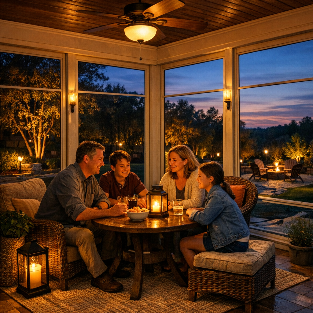 Photorealistic lifestyle shot of a finished Eze-Breeze porch at dusk with soft warm interior lighting, family gathered aro...