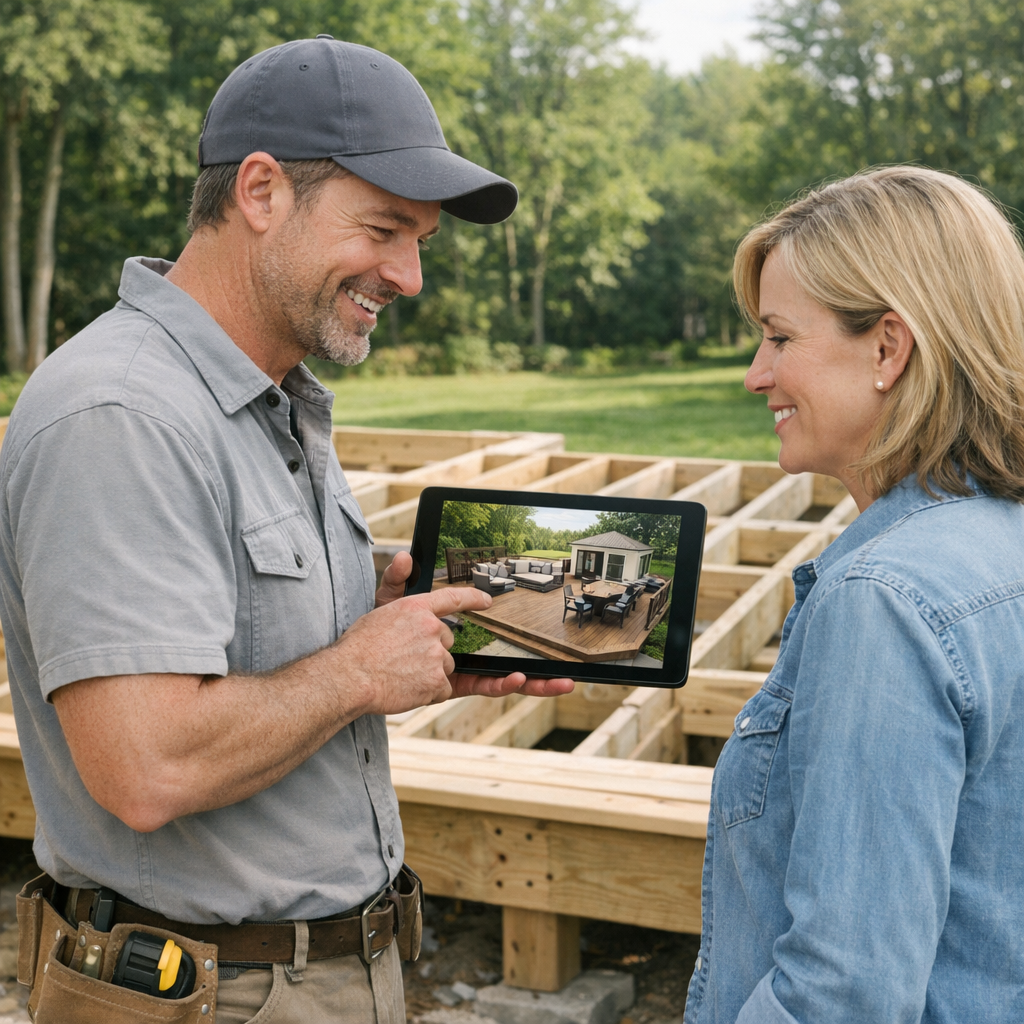 Photorealistic mid-shot of a contractor showing a homeowner a 3D deck rendering on a tablet, standing beside a partially b...
