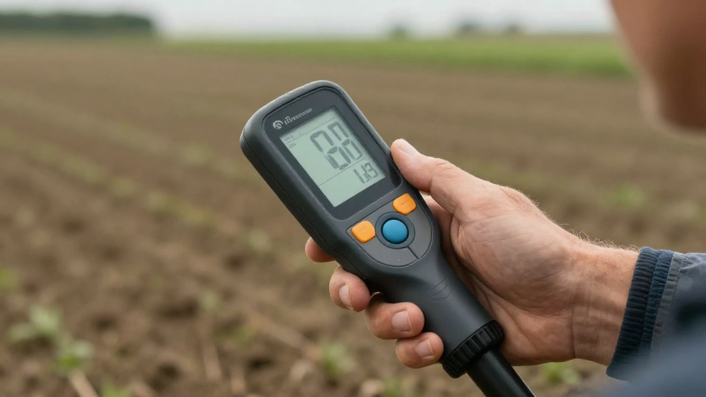 Close‑up of a farmer’s hand holding a soil probe with digital readout
