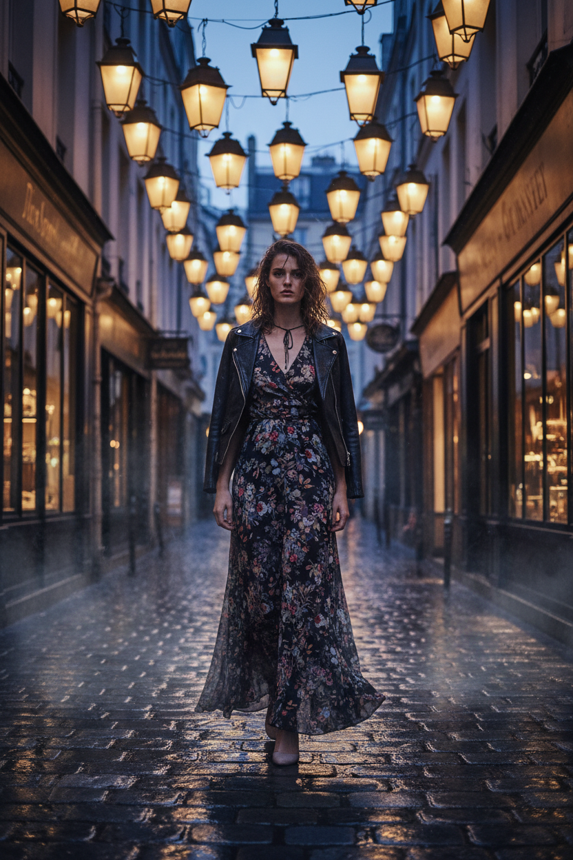 Floral Maxi Dress with Leather Jacket