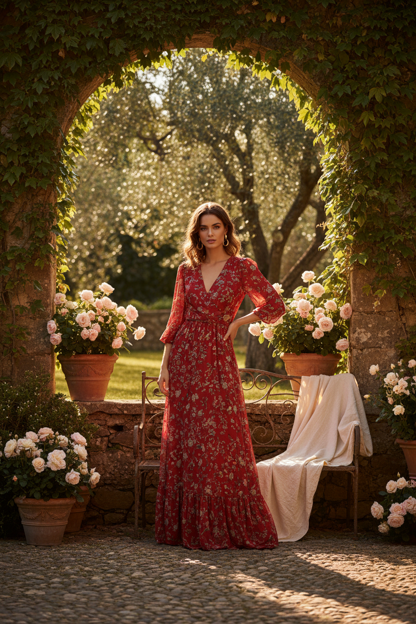 Red Maxi Dress and Gold Hoops