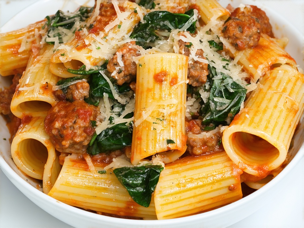 Rigatoni pasta dish with sausage and spinach