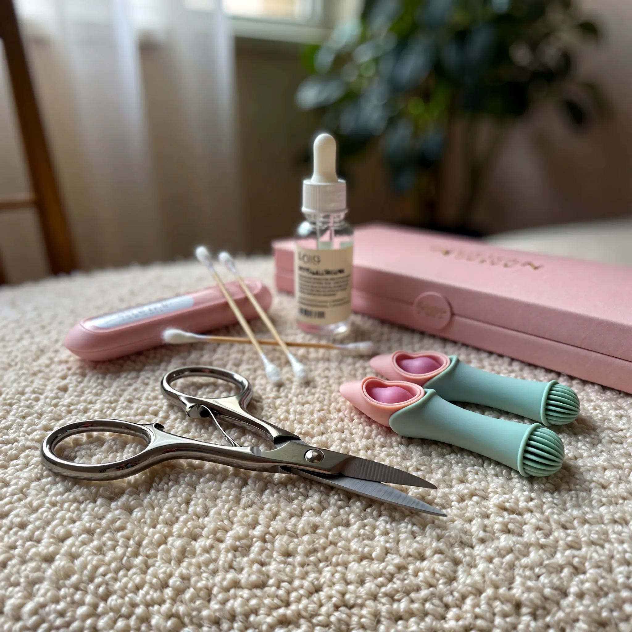 Akcesoria do pielęgnacji kota: przycinanie pazurów, osłonki, narzędzia do higieny w przytulnym otoczeniu.