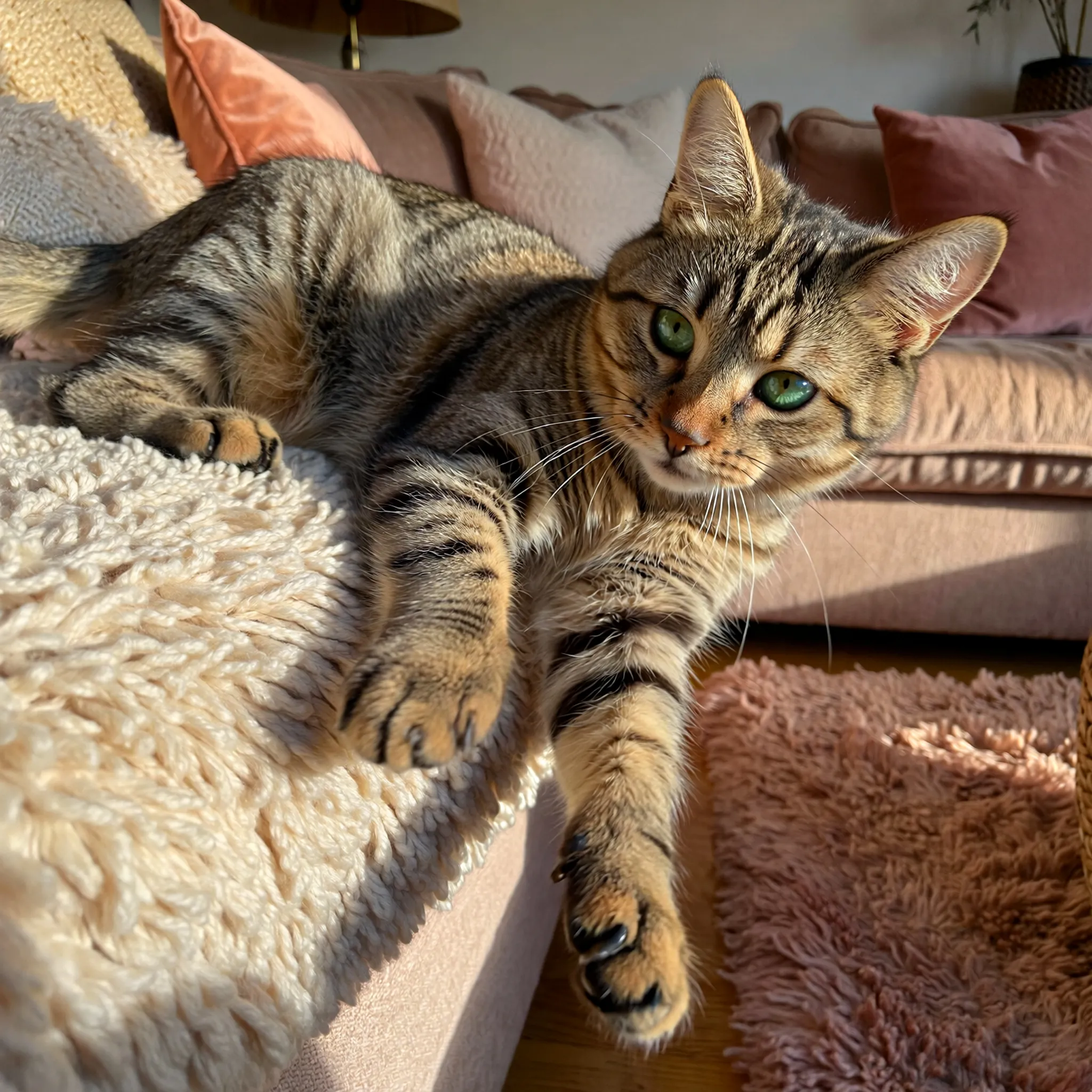 Tabby cat playfully scratching a plush sofa in a cozy living room, highlighting its curious behavior and the warm atmosphere.
