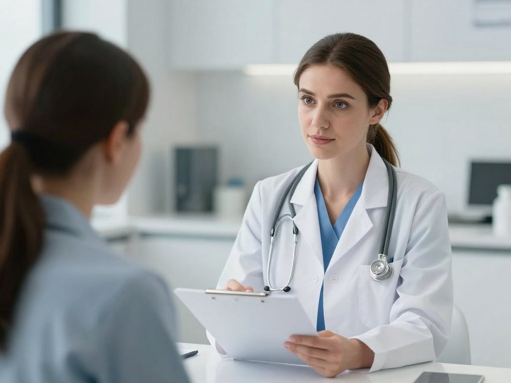 Caucasian female clinician in a modern clinical setting reviewing a care plan with a patient, no text Caucasian female clinician in a modern clinical setting reviewing a care plan with a patient, no text