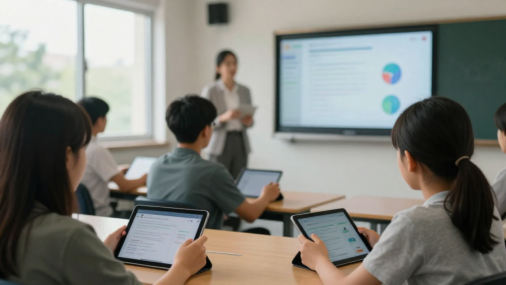 Close‑up overhead shot of a modern classroom with students using tablets, a teacher’s screen displaying real‑time engagement analytics, natural daylight streaming through large windows, a calm and focused atmosphere