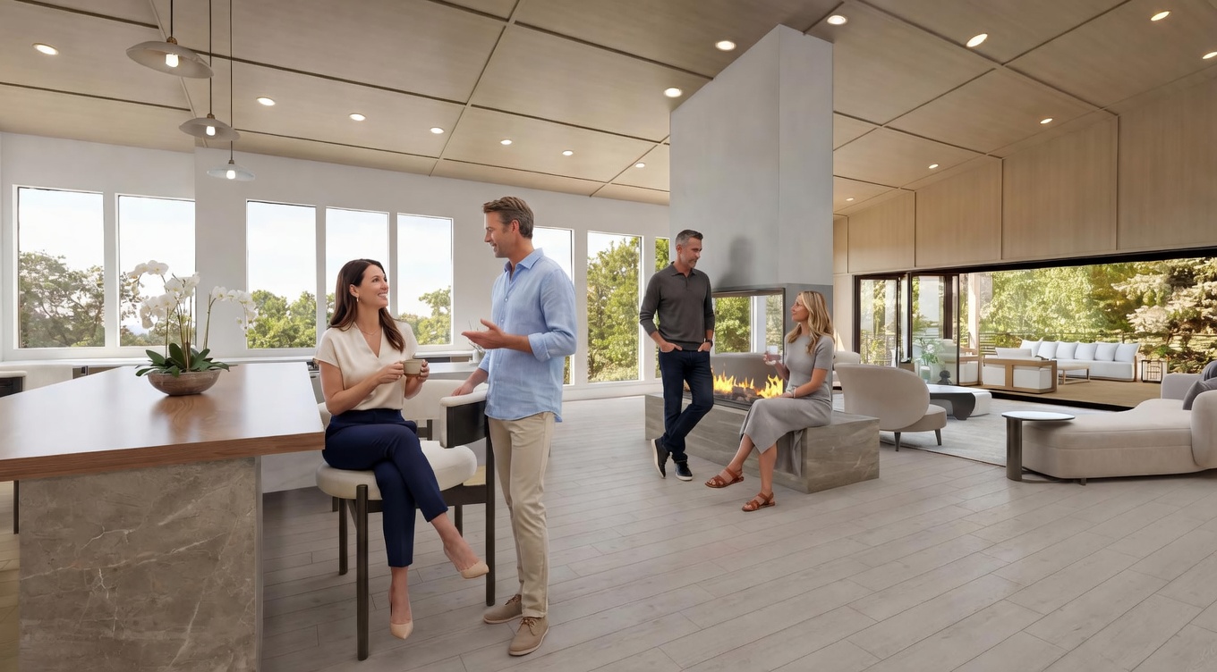 This contemporary living room features a unique fireplace, creating a cozy yet modern atmosphere. The open floor plan seamlessly connects to an outdoor patio or deck, enhancing the sense of space and light. Neutral tones and sleek furniture contribute to the sophisticated design.