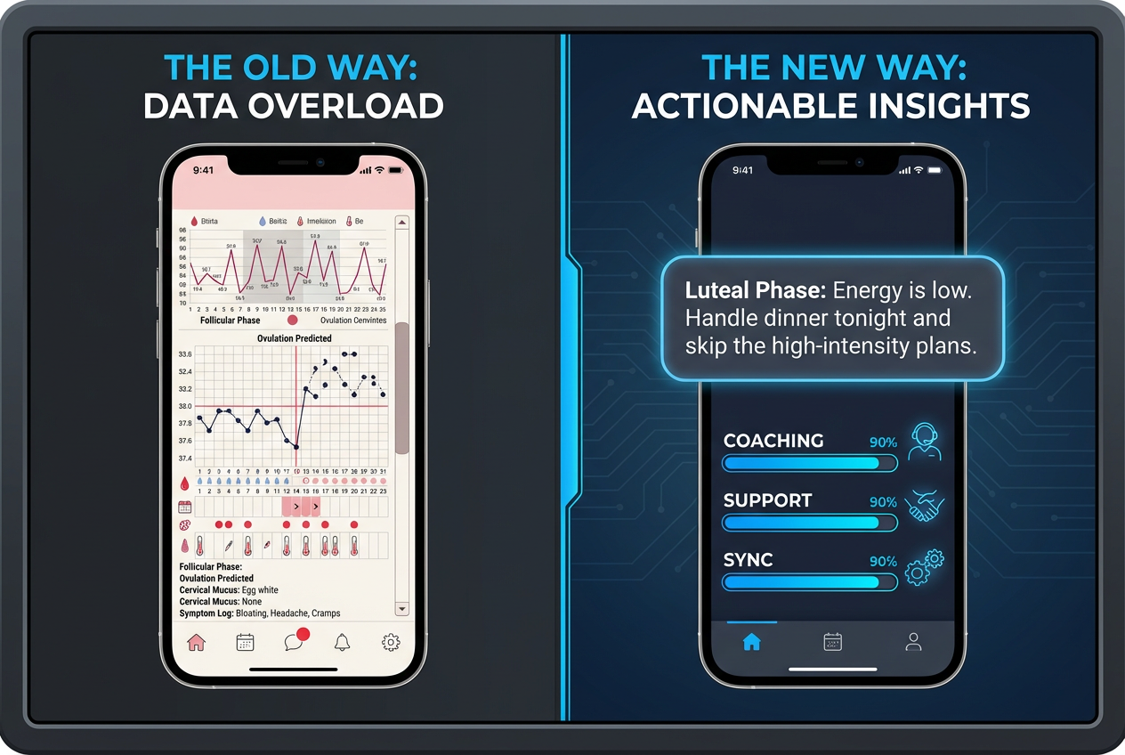 Comparison of traditional period tracking apps versus modern AI-driven partner support apps with actionable relationship advice for men.