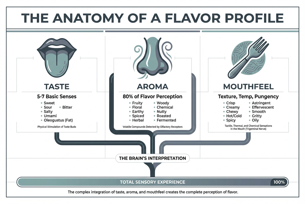 A visual diagram titled The Anatomy of a Flavor Profile, illustrating the three pillars of taste, aroma, and mouthfeel with descriptive icons.