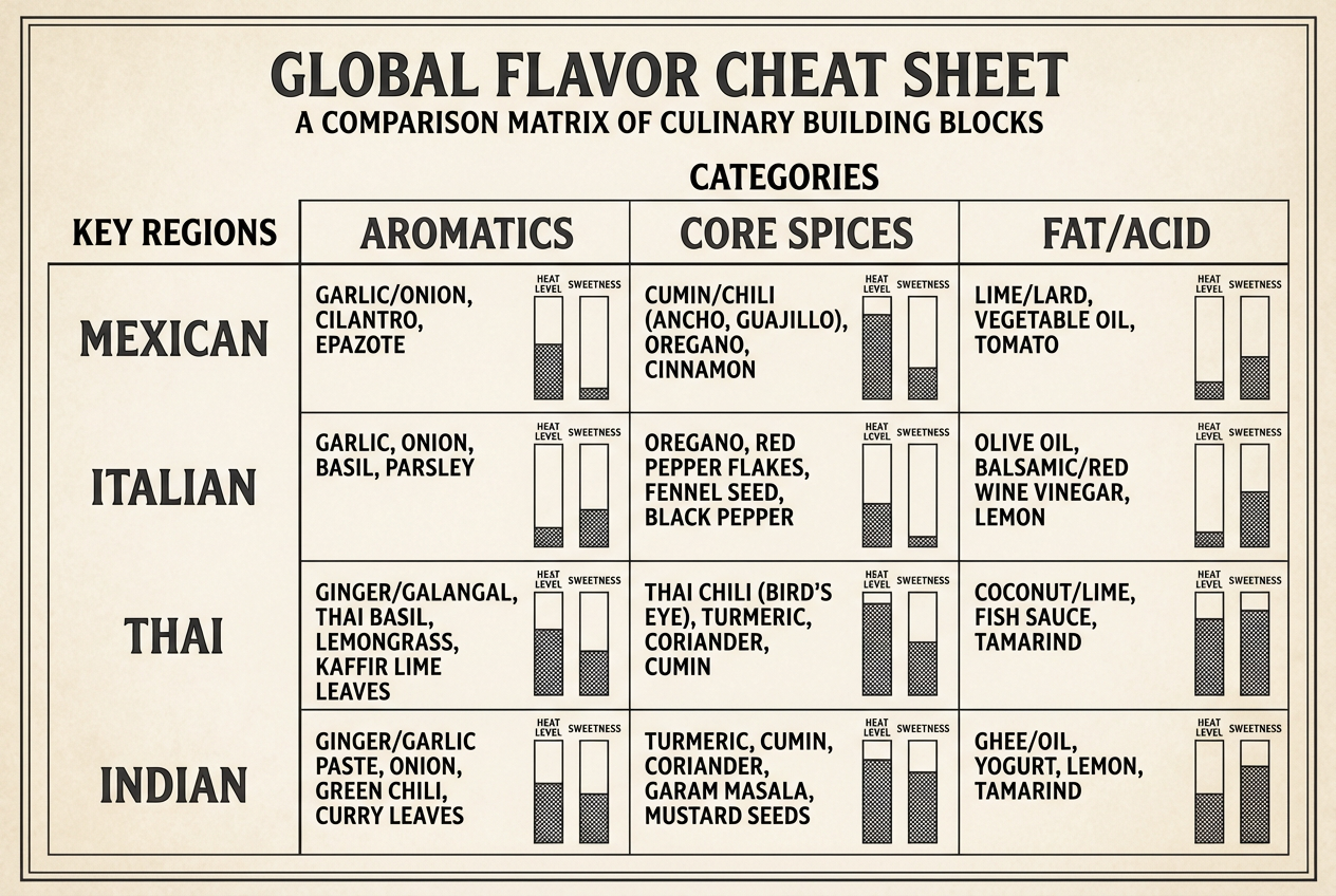 A global flavor cheat sheet matrix comparing signature aromatics, spices, and acids across Mexican, Italian, Thai, and Indian cuisines.