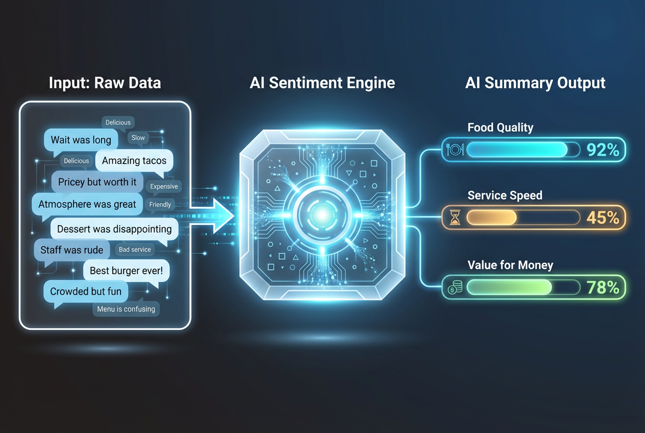 An architectural flow chart demonstrating how AI review parsing converts raw customer feedback into categorized sentiment scores for food, service, and value.
