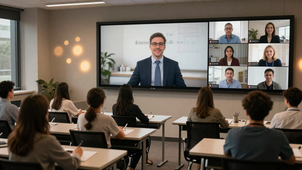 Modern virtual classroom with a professor addressing a diverse group of students via a high‑definition screen