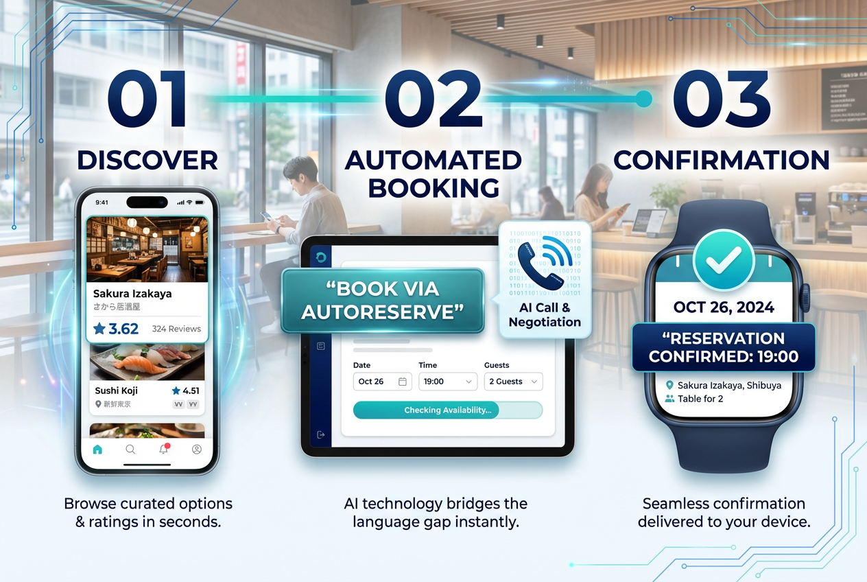 A three-step visual guide showing how to find a restaurant on a Japan food review app and book it using automated AI reservation services.