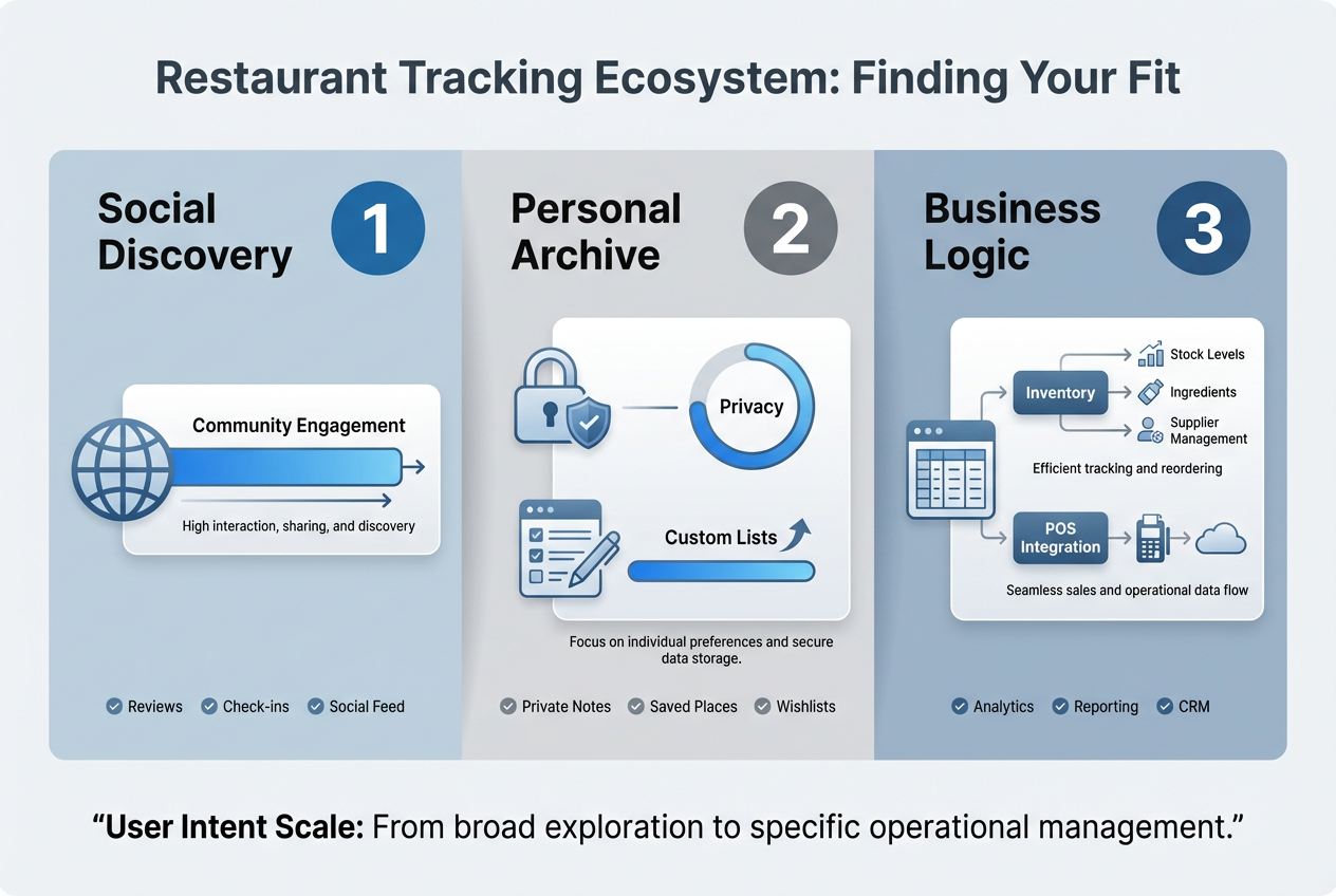 Infographic comparing three types of restaurant tracking apps: social discovery, personal journals, and business logic systems for managers.