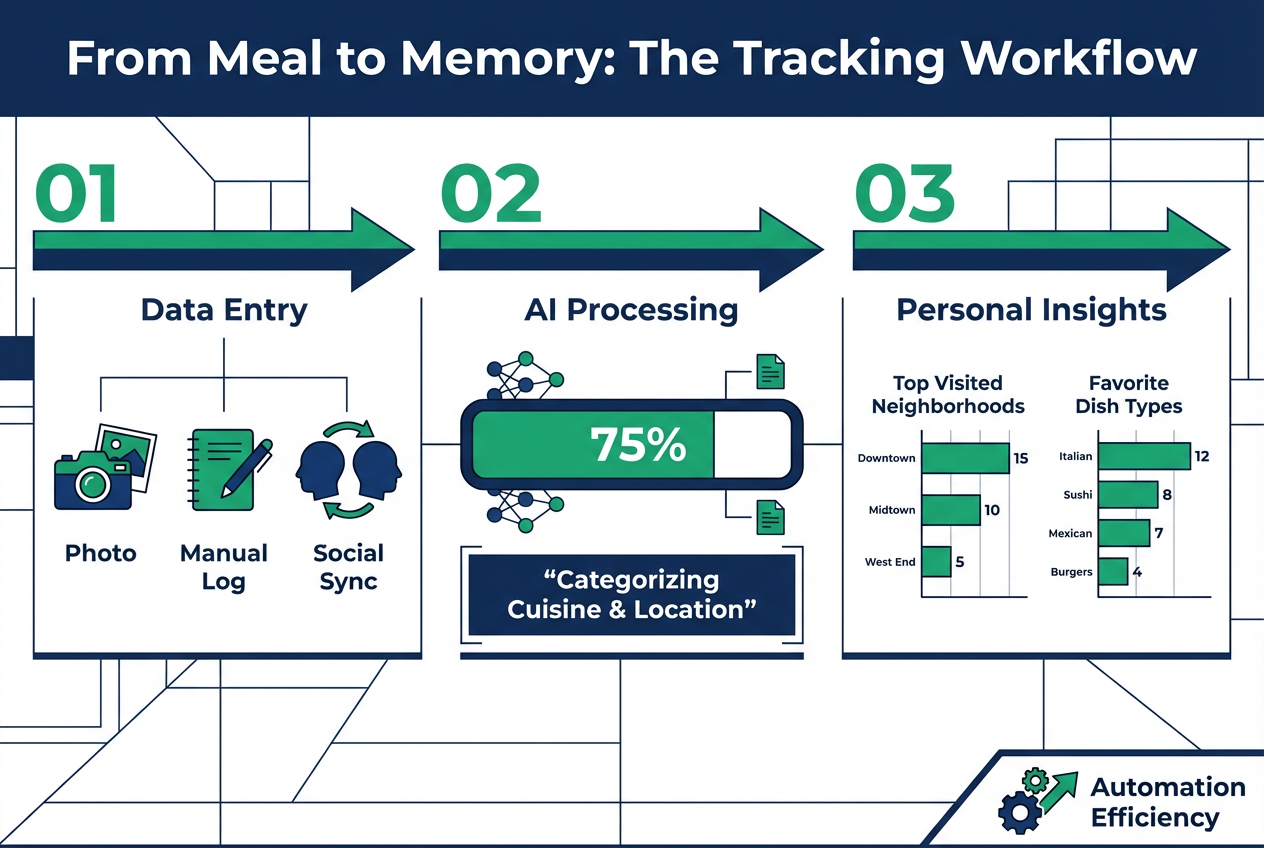 A three-step workflow diagram showing how restaurant apps process photos and social data into organized personal insights and visit history.