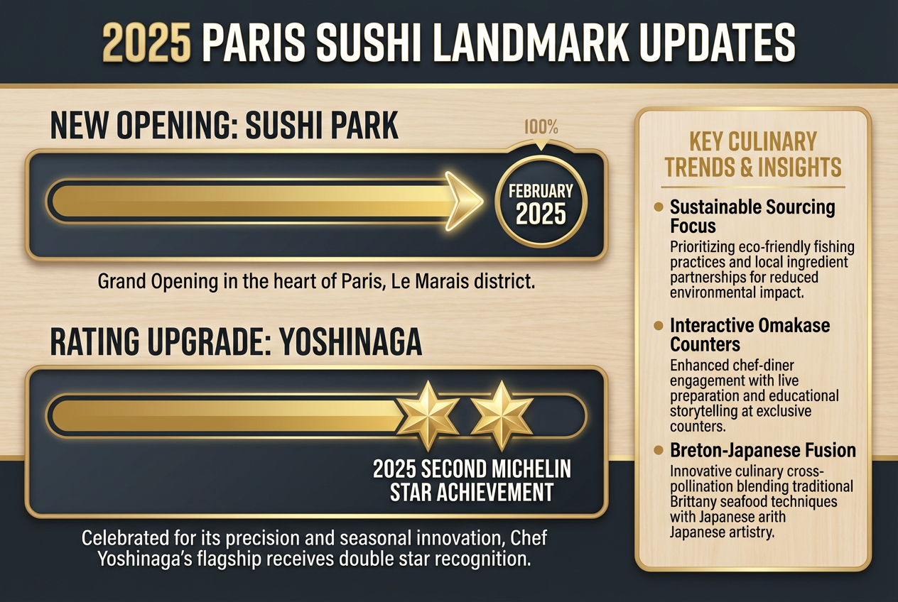 Infographic showing 2025 Paris sushi updates including the opening of Sushi Park in February and Yoshinaga's second Michelin star achievement.