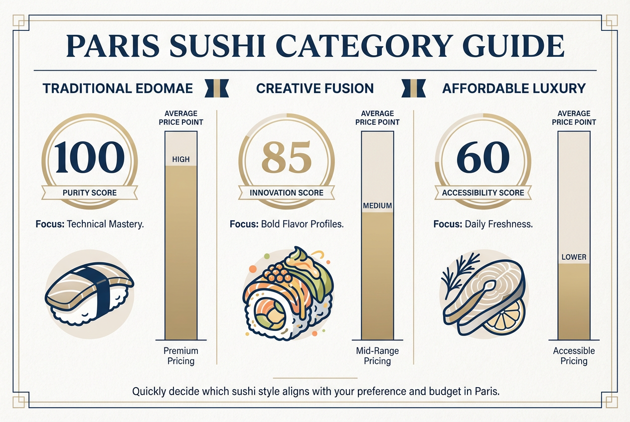 A comparison chart of Paris sushi categories including Traditional Edomae, Creative Fusion, and Affordable Luxury with price and focus metrics.