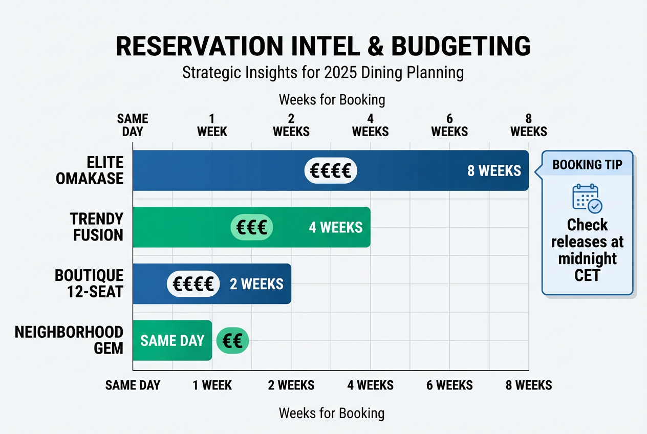 Bar chart illustrating booking lead times and price levels for different types of sushi restaurants in Paris for the 2025 season.