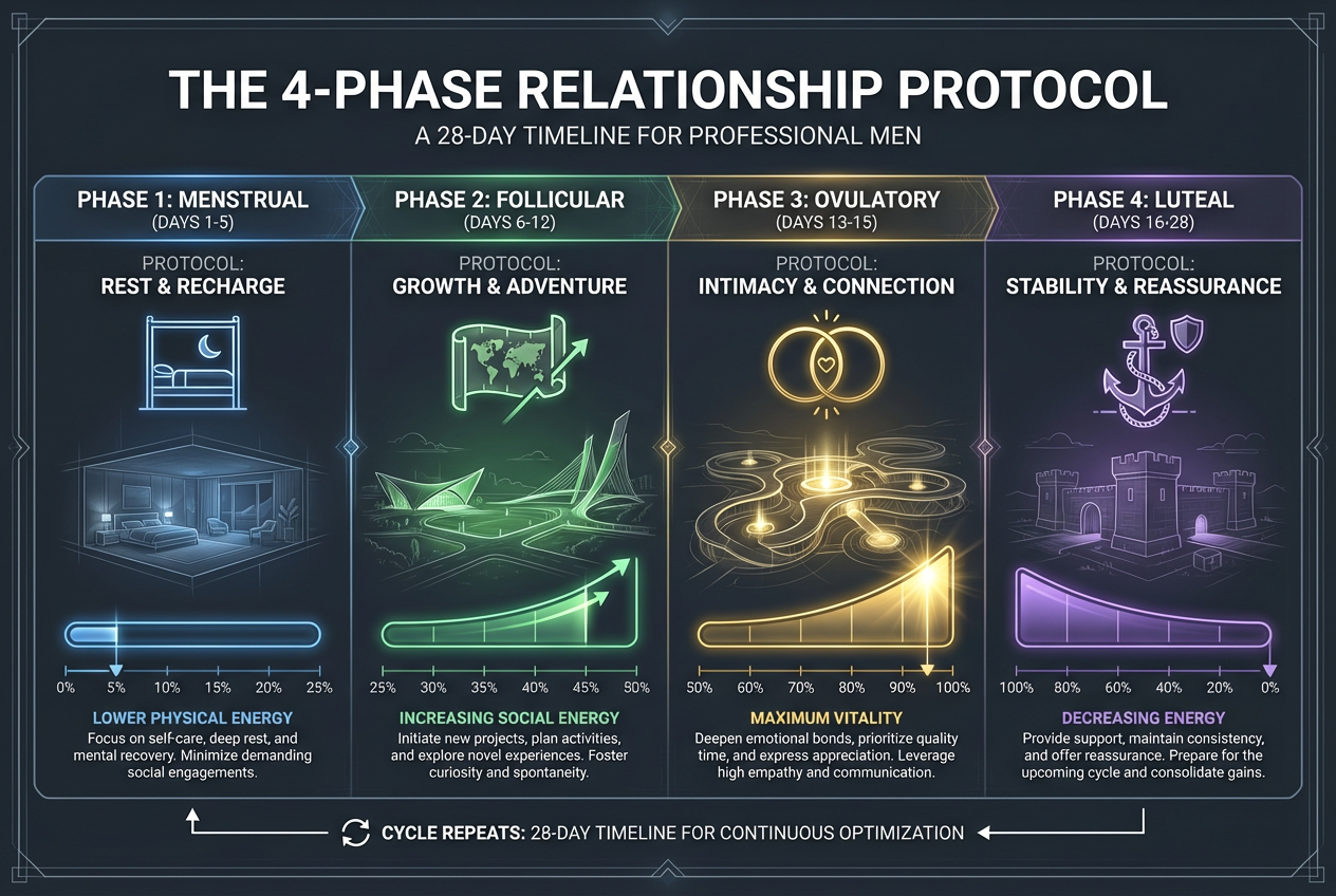 Infographic showing the 4-phase relationship protocol for men, detailing menstrual, follicular, ovulatory, and luteal phases with specific action steps.