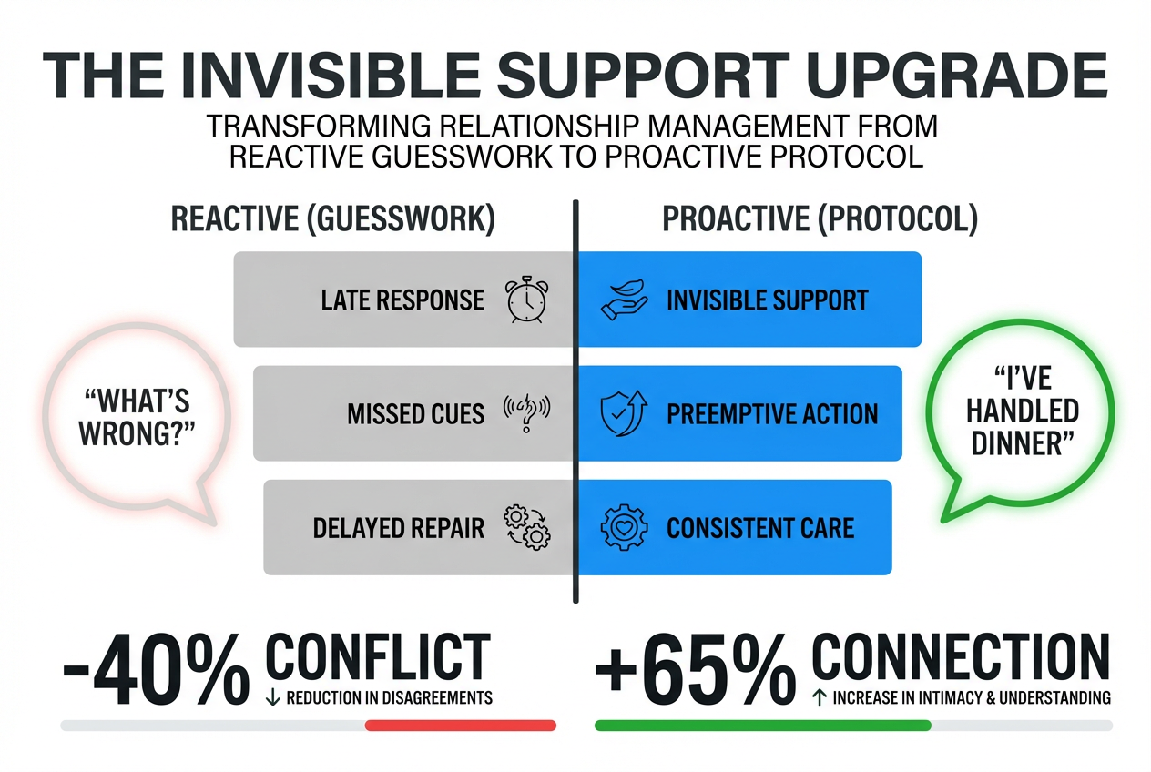 A comparison chart for men showing the benefits of proactive relationship support versus reactive responses, highlighting reduced conflict and better connection.