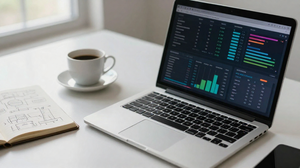 Analytics dashboard on a minimalist desk, coffee cup, and notebook
