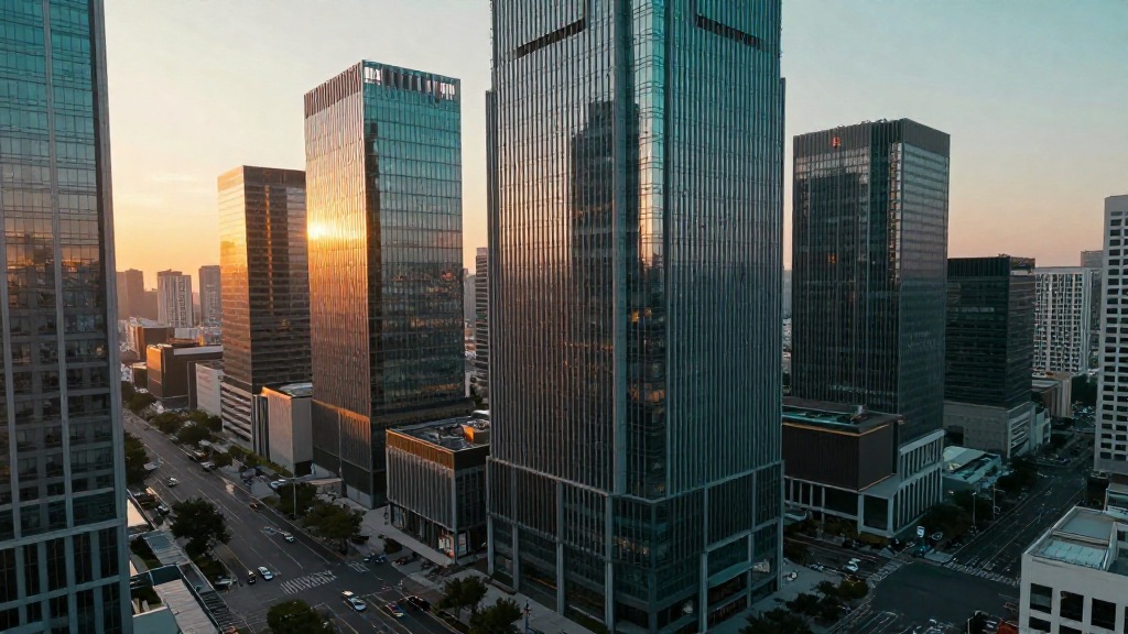 Aerial view of a thriving business district at golden hour