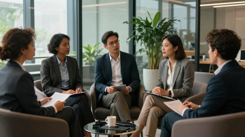 Team discussion in a modern glass‑walled meeting room