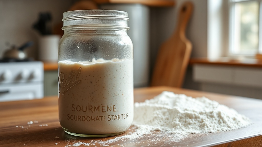 A glass jar of very active, bubbling sourdough starter sitting on a home kitchen counter next to a dusting of flour