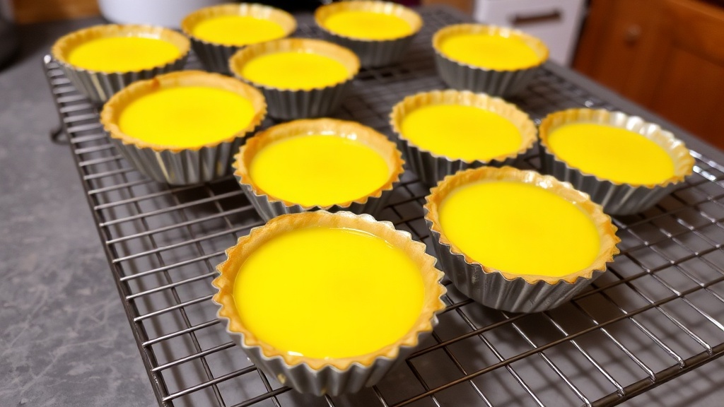 Freshly baked Cantonese egg tarts in metal tins on a wire cooling rack