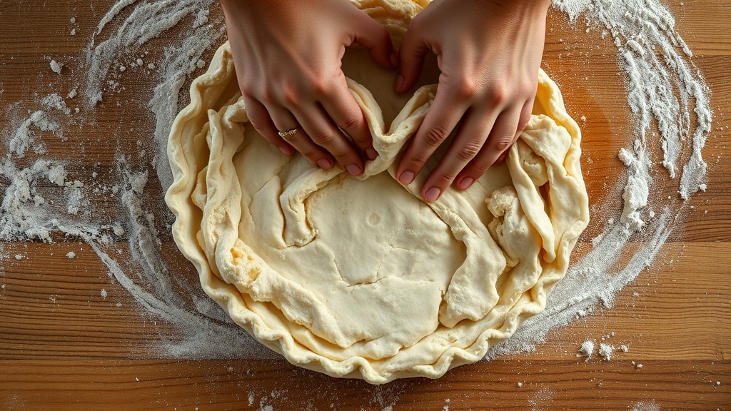 Close-up of shaggy pie dough being folded by hand on a flour-dusted kitchen counter, showing chunks of butter inside.